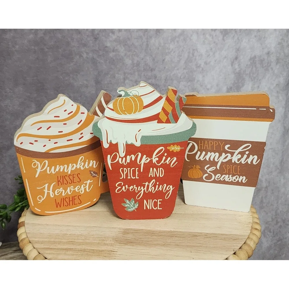 Pumpkin Spice Wood Signs Harvest Wishes Season Latte Coffee Mug Fall Autumn 3 Pc